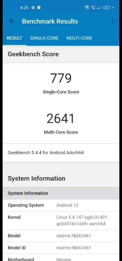 Realme 9 5G Geekbench score Screenshot