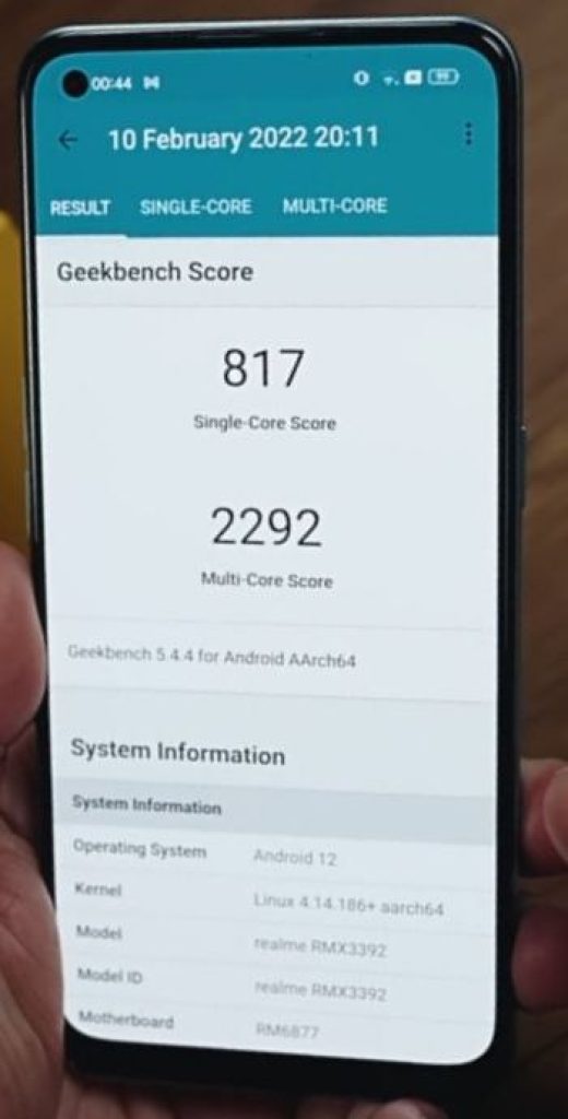 Realme 9 Pro Plus 5G Geekbench score Screenshot