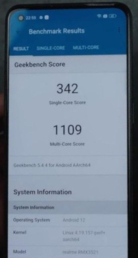Here is Realme 9 4G Geekbench score Screenshot which shows that Realme 9 4G Geekbench Single-core score is 342 & Multi-core score is 1109